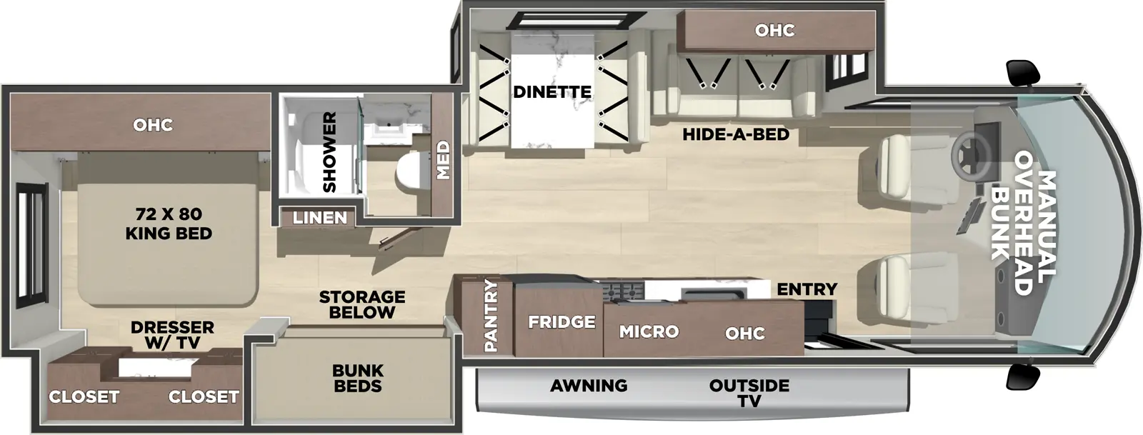 The Georgetown 3 Series GT3 33B3 floorplan has one entry and two slide outs. Exterior features include: 12' awning and outside entertainment. Interiors features include: bunk beds, rear bedroom, bunk over cab and dinette.